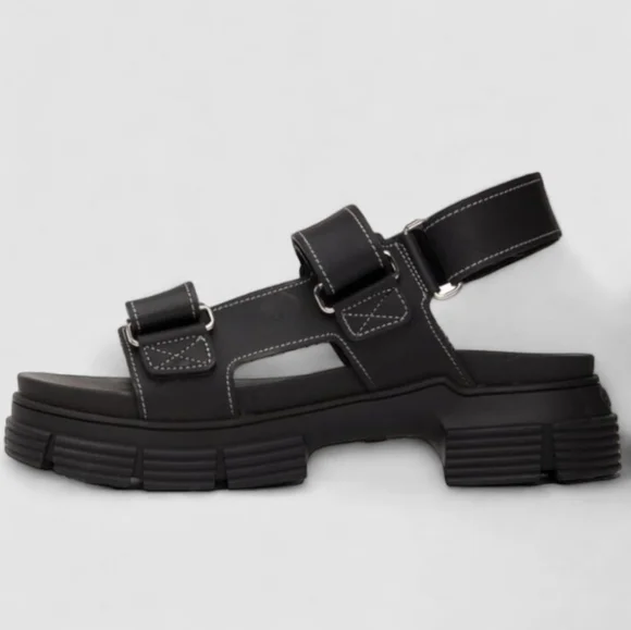 NWT GANNI Recycled Rubber Chunky Logo Platform Black Sandals Flatform Lugged - Picture 10 of 15